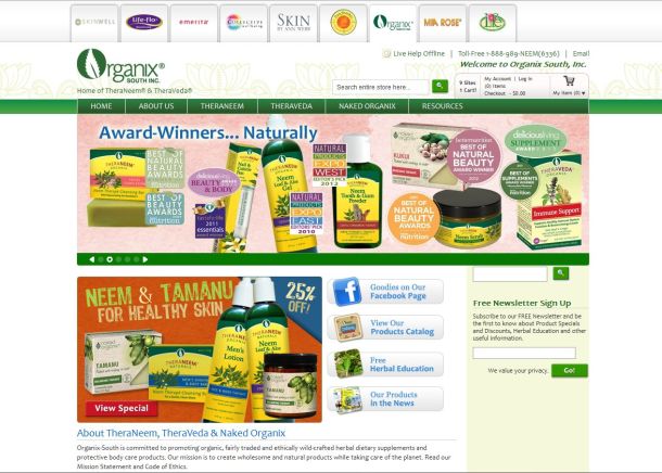 Organix South Inc. screen shot home page link TheraNeem neem products